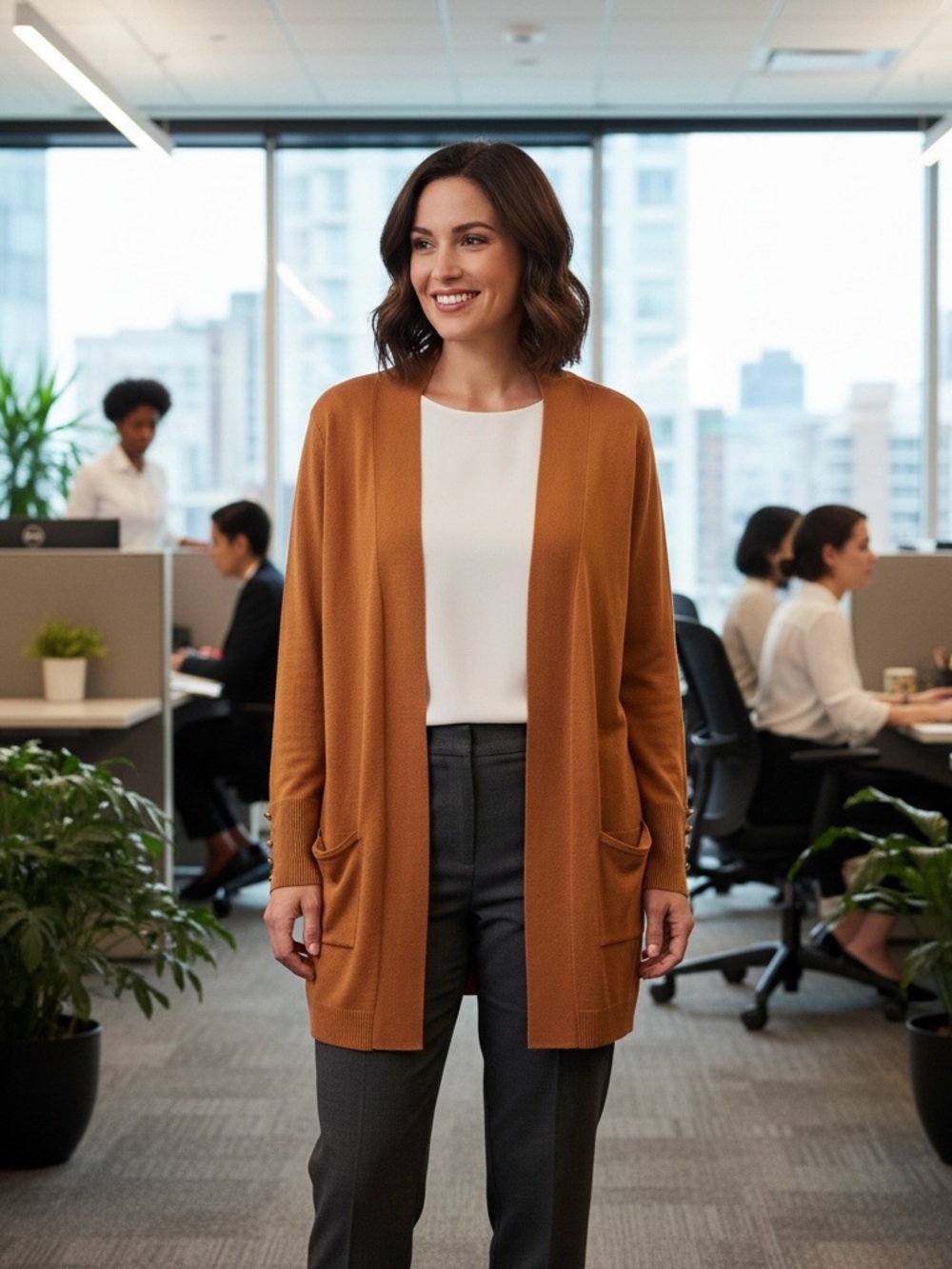 Open-Front Long Cardigan Sweater in Caramel Petite Large